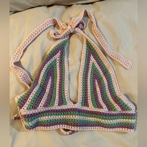 Striped Crochet Halter Crop Top, small